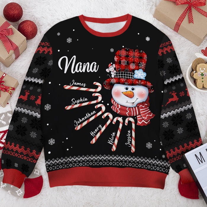 Nana Snowman Candy Cane - Personalized Custom Unisex Ugly Christmas Sweatshirt, Wool Sweatshirt, All-Over-Print Sweatshirt - Gift For Grandma, Grandparents, Christmas Gift