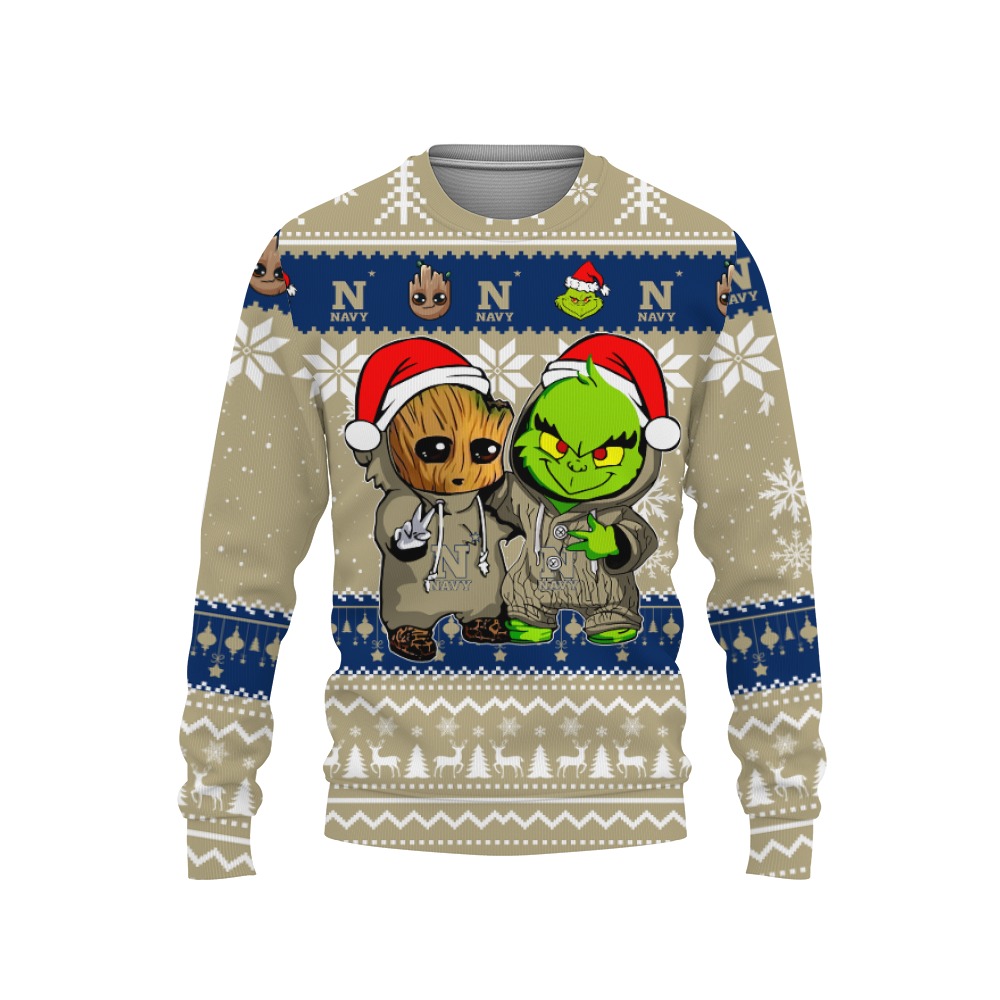 Navy Midshipmen Baby Groot And Grinch Best Friends Football American Ugly Christmas Sweater New Trends For Fans Club Gifts Unisex, Hoodie, Sweatshirt-3D Sweatshirt