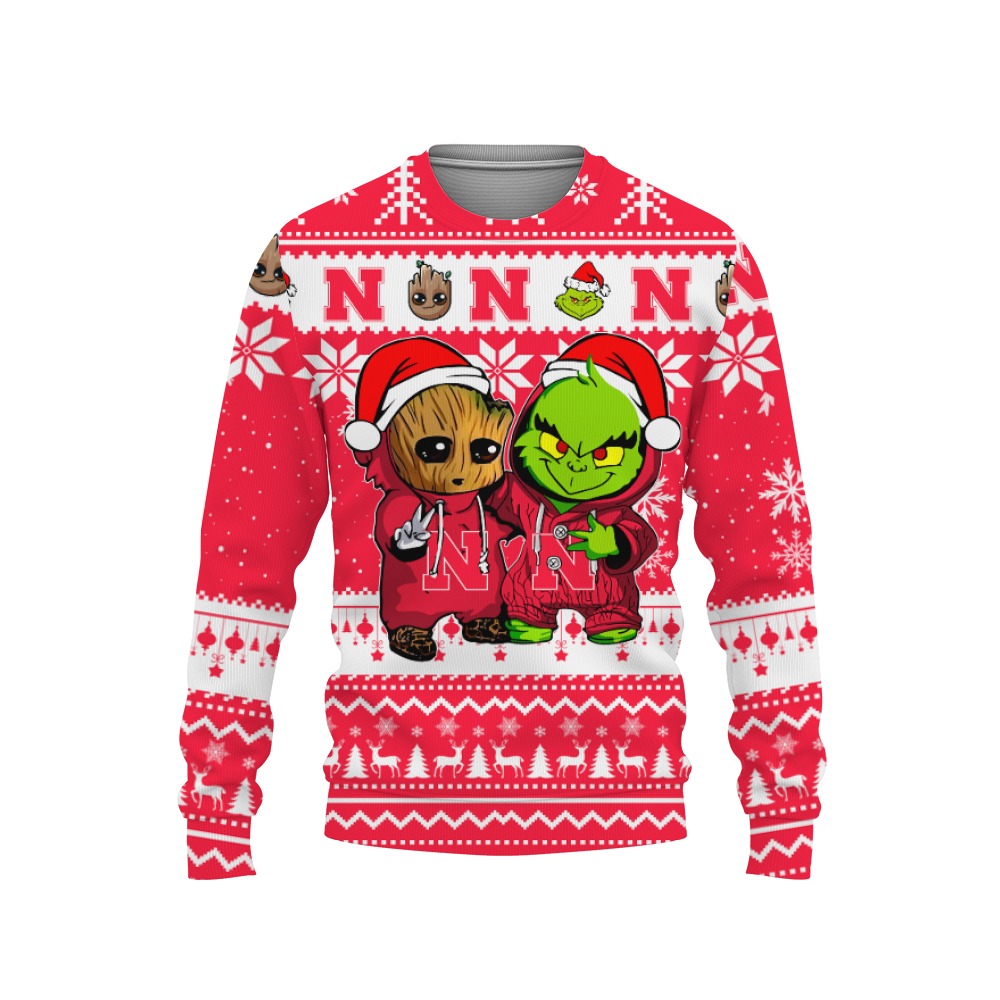 Nebraska Cornhuskers Baby Groot And Grinch Best Friends Football American Ugly Christmas Sweater New Trends For Fans Club Gifts Unisex, Hoodie, Sweatshirt-3D Sweatshirt