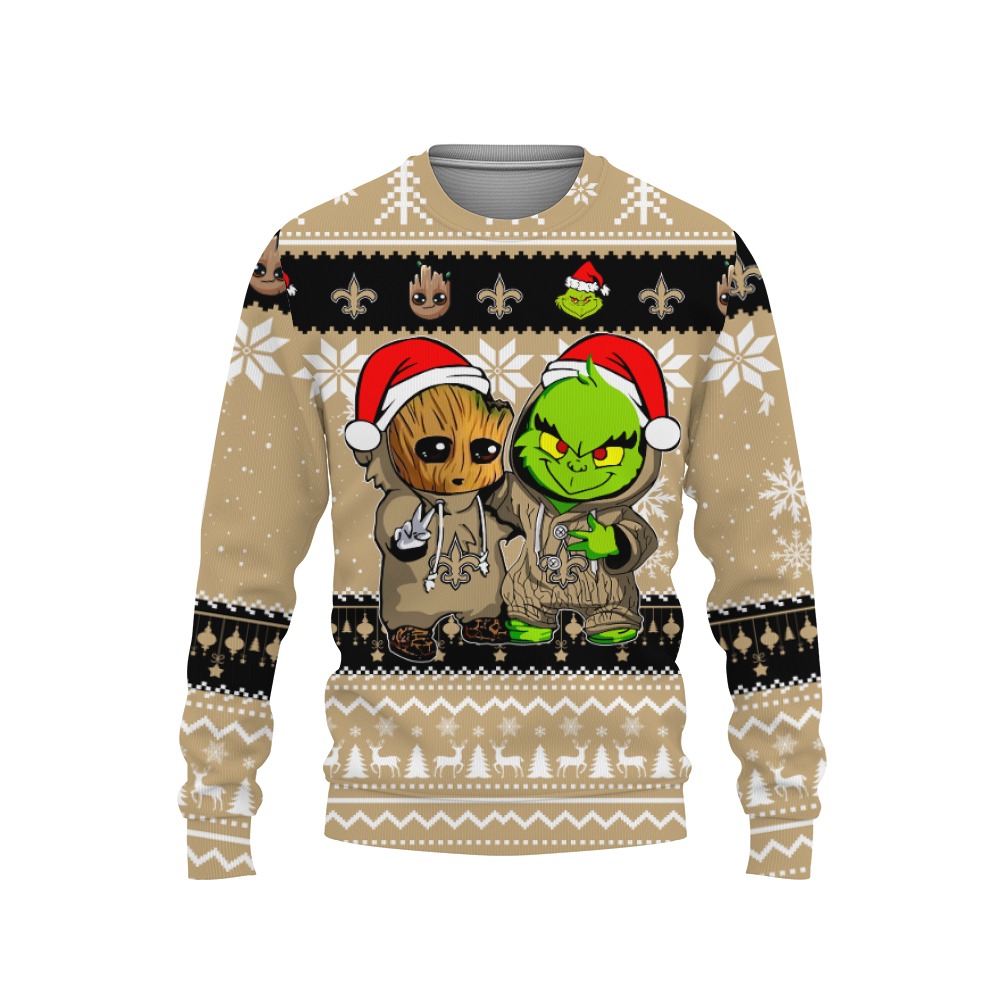 New Orleans Saints Baby Groot And Grinch Best Friends Football American Ugly Christmas Sweater New Trends For Fans Club Gifts Unisex, Hoodie, Sweatshirt-3D Sweatshirt