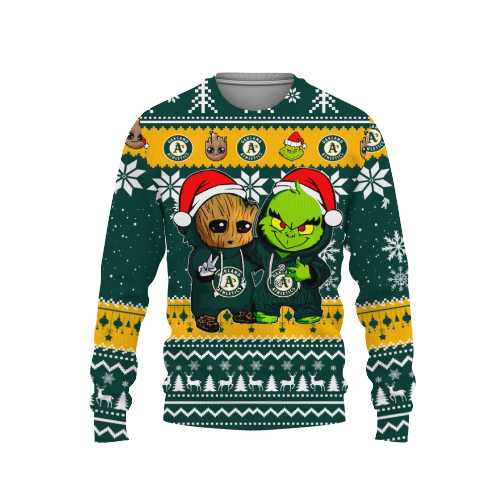 Oakland Athletics Baby Groot And Grinch Best Friends Football American Ugly Christmas Sweater New Trends For Fans Club Gifts Unisex, Hoodie, Sweatshirt-3D Sweatshirt