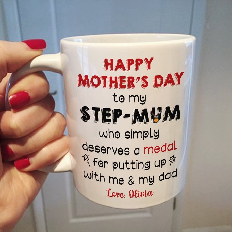 PERSONALIZED MUG TO MY STEPMOTHER MUG MEDAL MUG FOR PUTTING UP WITH ME MUG GIFTS FOR MOTHER STEPMOM FROM SON DAUGHTER BEST MOTHER'S DAY MUG GIFTS BIRTHDAY GIFTS MUG