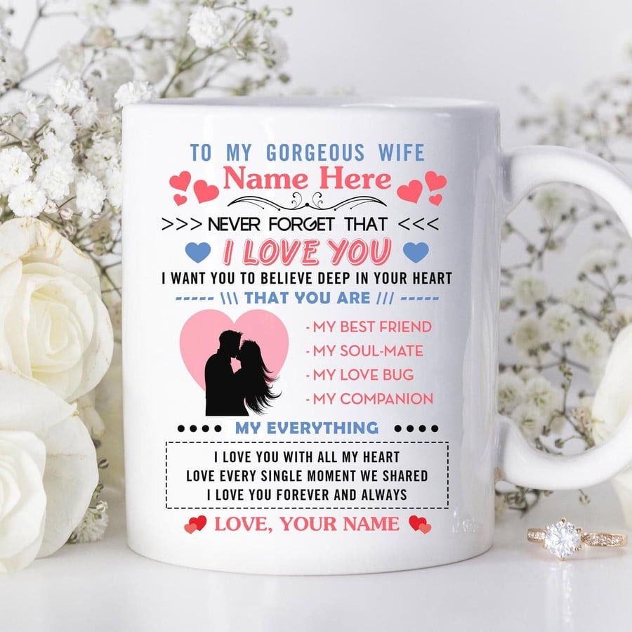 PERSONALIZED MUG, TO MY GORGEOUS WIFE MUG, YOUR WIFE NAME OR HER NICKNAME, HUSBAND NAME OR NICKNAME, ANNIVERSARY GIFTS FOR WIFE