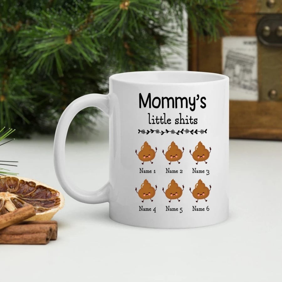 PERSONALIZED PINK HEART MOM MUG, MOMMY'S LITTLE SHITS, GREAT IDEAS TO MOM FROM DAUGHTER, SON, TO MY MOM FROM SON, PERFECT IDEAS GIFT TO MOMMY, GRANDMA, SISTER ON MOTHER'S DAY