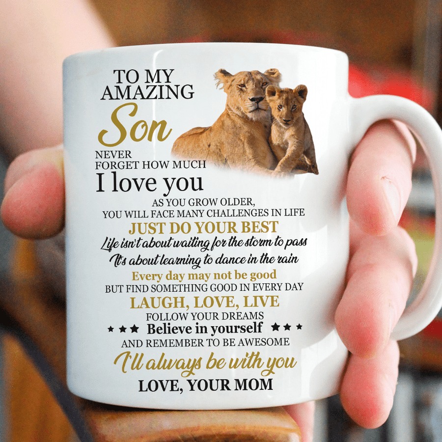 PERSONALIZED TO MY AMAZING SON LION MUG NEVER FORGET HOW MUCH I LOVE YOU MUG GIFTS FOR BIRTHDAY, ANNIVERSARY CUSTOMIZED NAME CERAMIC COFFEE MUG 11-15 OZ