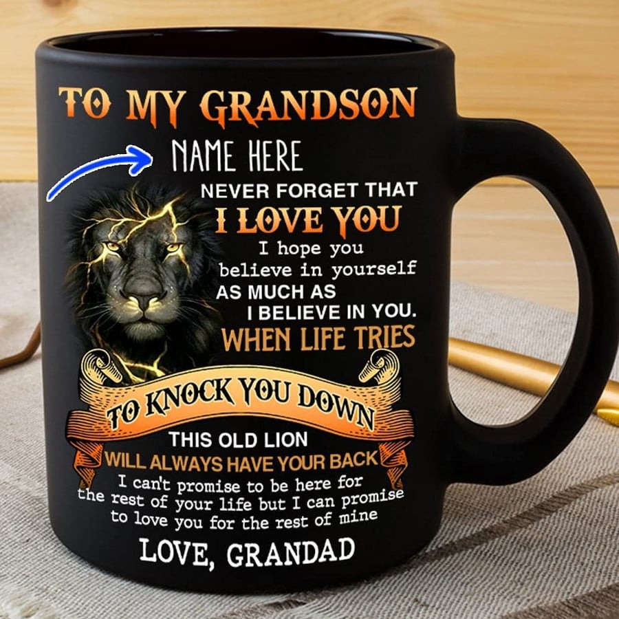 PERSONALIZED TO MY GRANDSON MUG LION NEVER FORGET THAT I LOVE YOU MUG FROM GRANDPA GRANDAD FOR GRANDSON BIRTHDAY GIFTS CERAMIC COFFEE MUG