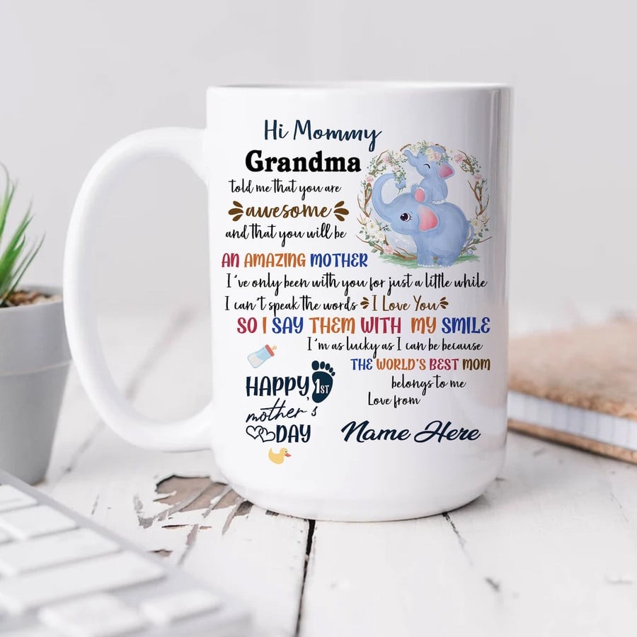 PERSONALIZED TO MY MOM ELEPHANT MUG, FIRST MOTHER'S DAY MUG GIFTS FOR 1 ST MOTHERS DAY, GIFT FOR MOM, FAMILY 1ST MOTHER'S DAY PRESENT, PERSONALISED FIRST MOTHERS