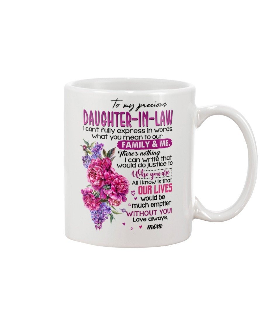 PERSONALIZED TO MY PRECIOUS DAUGHTER-IN-LAW MUG PURPLE FLOWERS I CAN'T FULLY EXPRESS IN WORDS WHAT YOU MEAN TO OUR FAMILY AND ME WHITE MUG