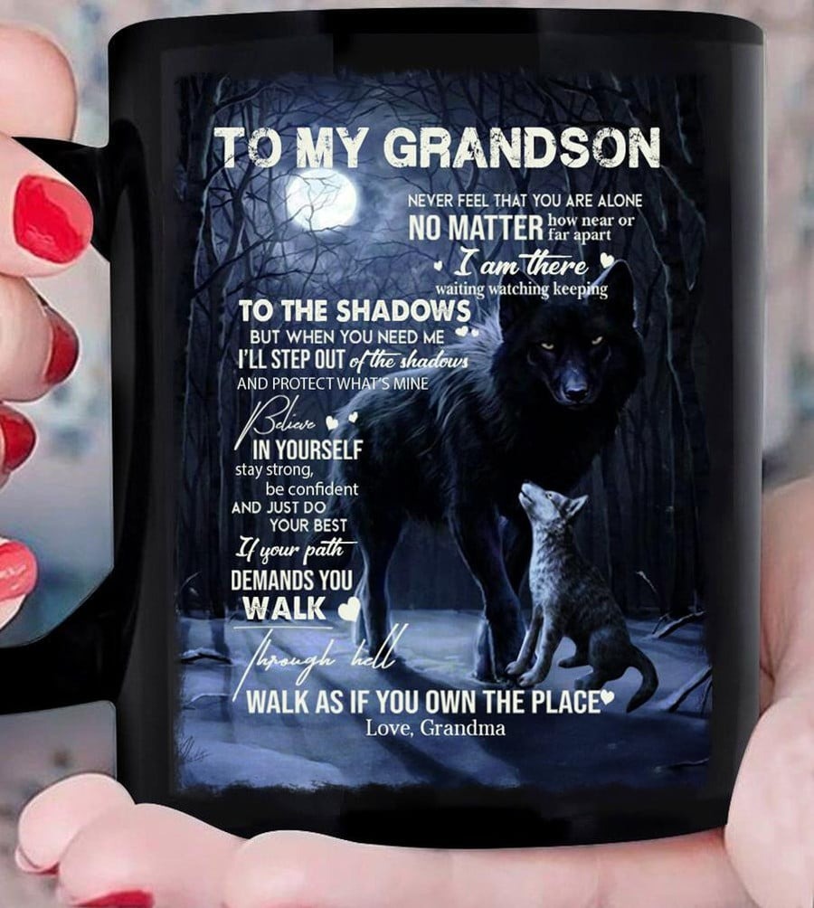 PERSONALIZED TO MY SON MUG WOLF NEVER FEEL THAT YOU ARE ALONE NO MATTER HOW NEAR OR FAR PART I AM THERE PERFECT GIFTS BLACK MUG TEA MUG