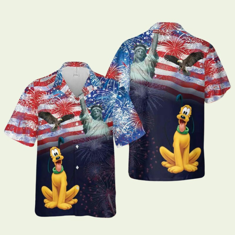 PLUTO DOG EAGLE FIREWORKS US FLAG INDEPENDENCE DAY HAWAIIAN SHIRT