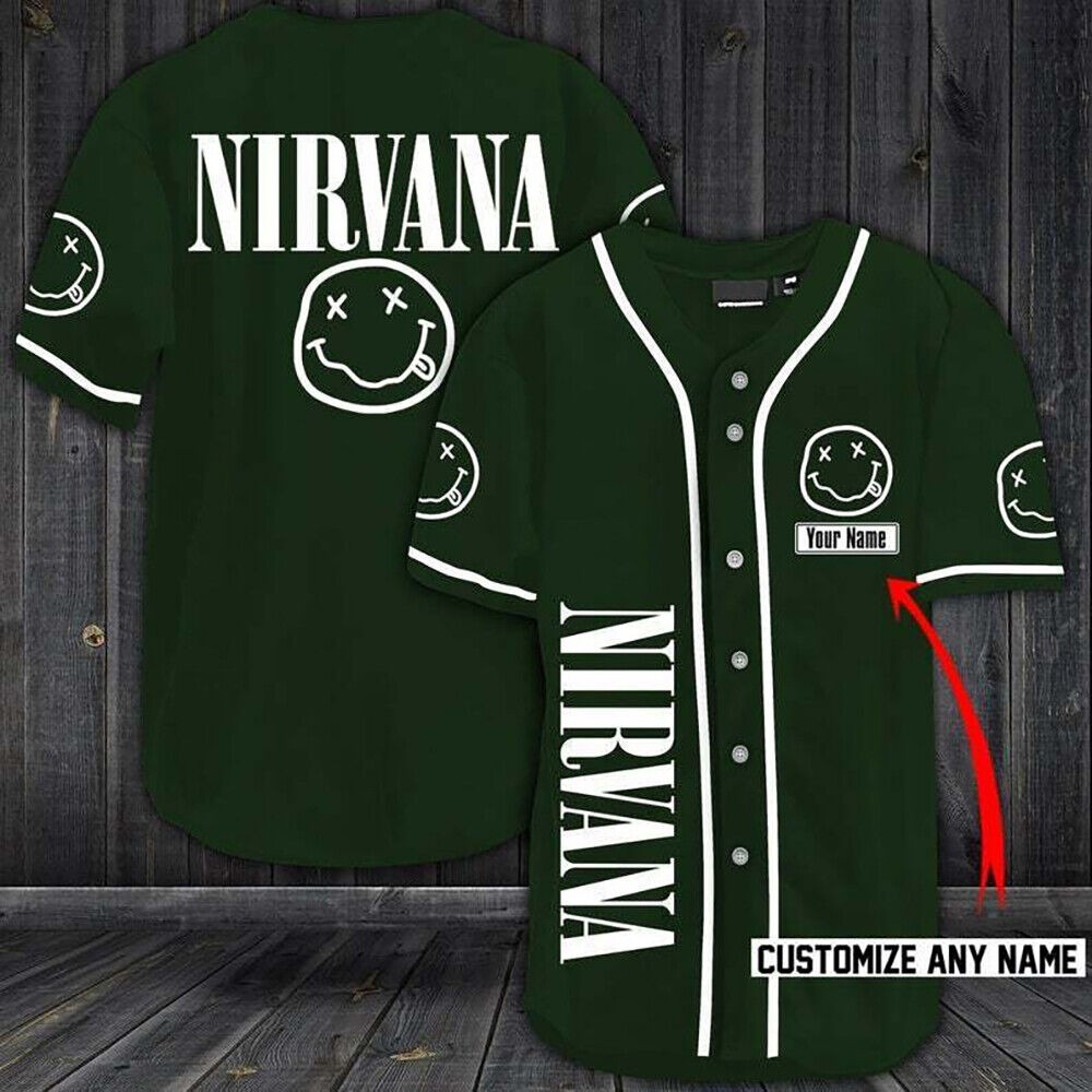 Personalize Name Nirvana Rock Band Baseball Jersey Print Shirt Men Women S-5XL Green