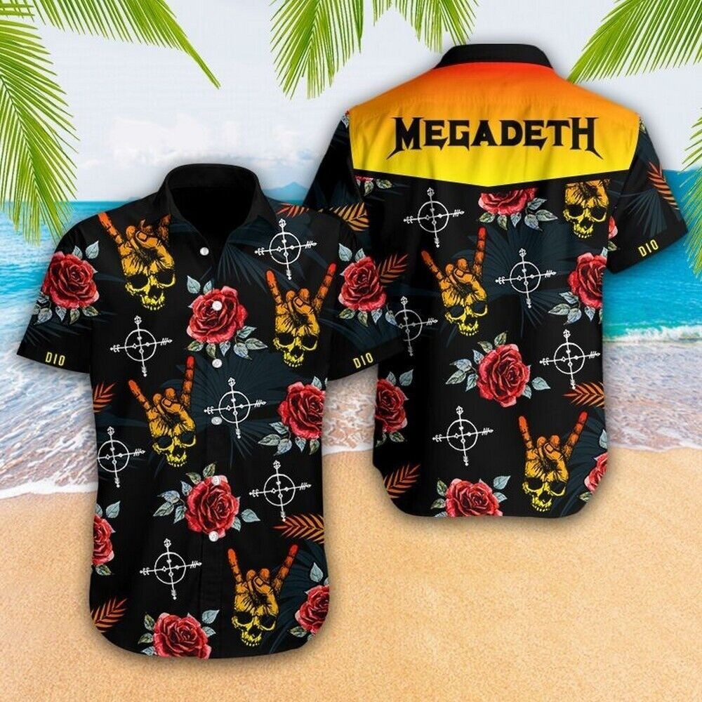 Rock Band Megadeth Skull Flowers Hawaiian Shirt Aloha Summer Beach Party Holiday