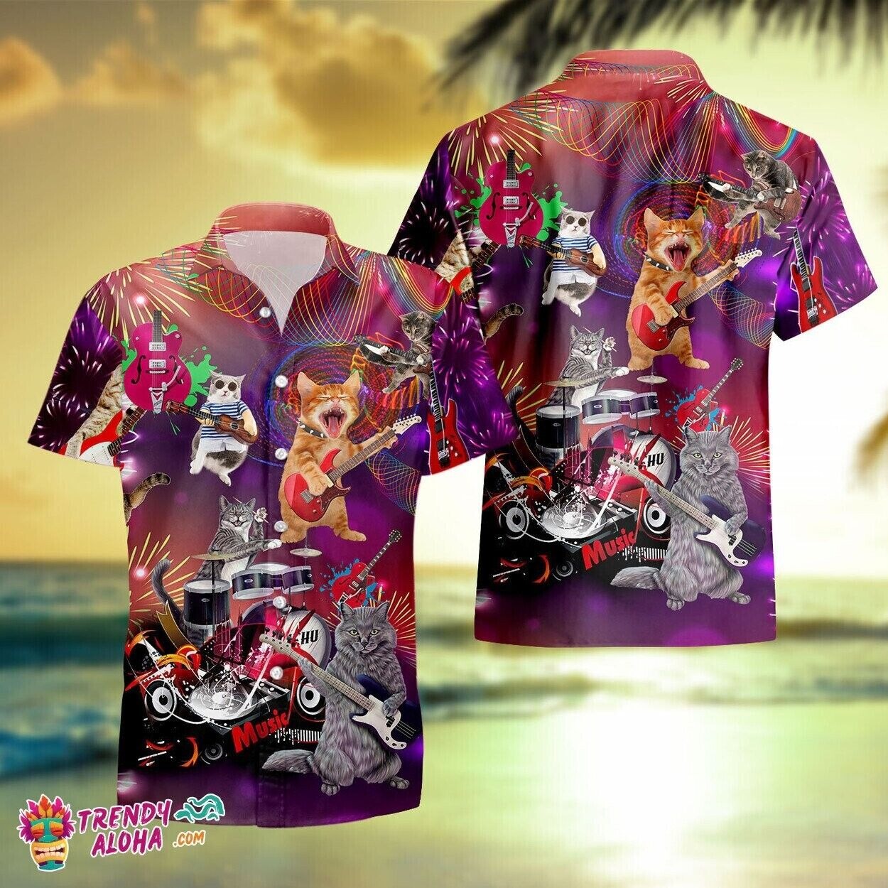 Rocker Cat Hawaiian Shirt for Rock Band Fans, For Animal Lovers, S-5XL US Size