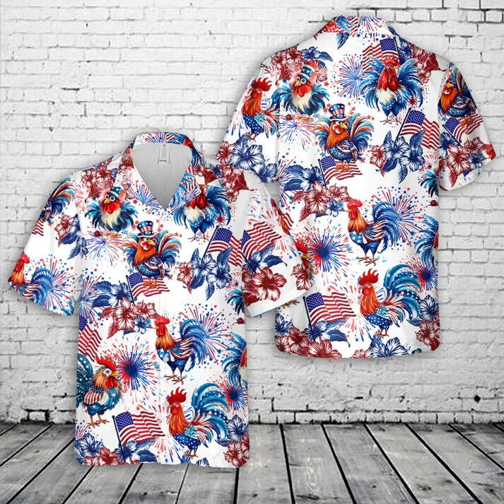 Rooster, 4th Of July Hawaiian Shirt, Beach Shirt, Gift For Men, S-5XL US Size