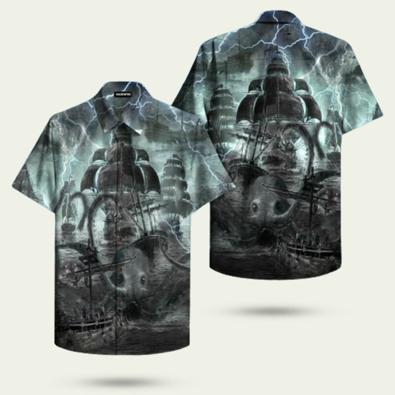 SEA MONSTER ATTACHED PIRATE SHIP HAWAIIAN SHIRT