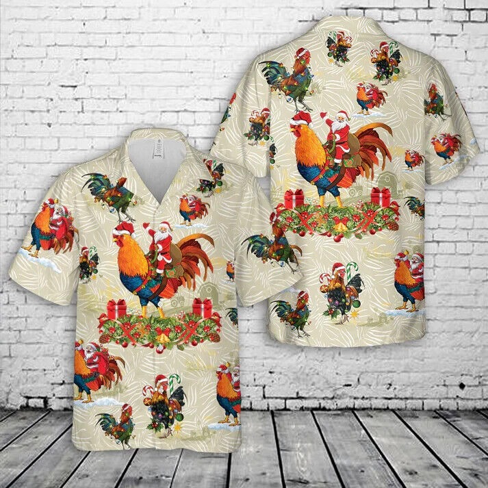 Santa Rooster Hawaiian Shirt, Beach Shirt, Gift For Men, S-5XL US Size