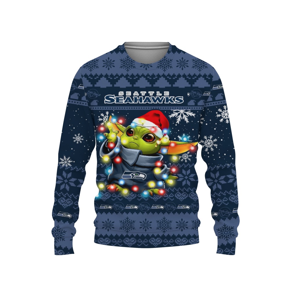 Seattle Seahawks Baby Yoda Star Wars Sports Football American Ugly Christmas Sweater New Trends For Fans Club Gifts Unisex, Hoodie, Sweatshirt-3D Sweatshirt