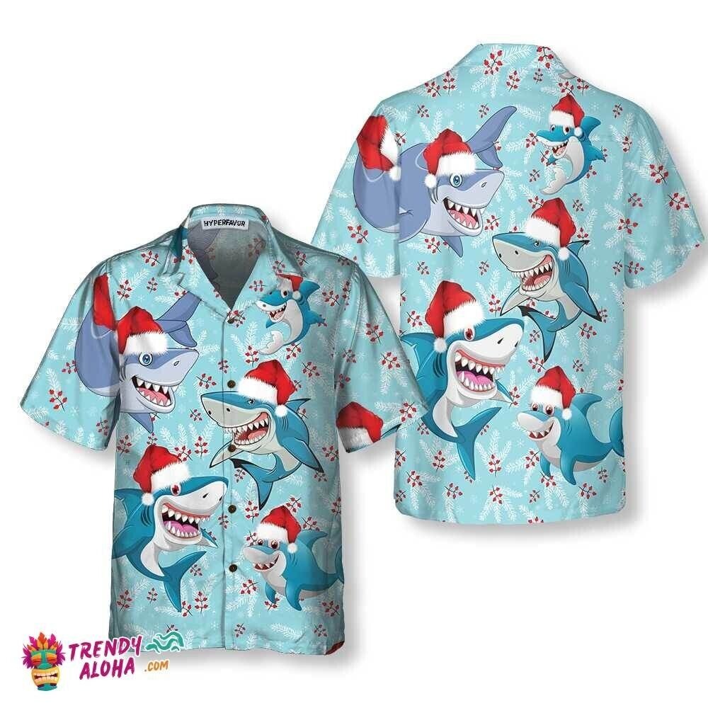 Shark Santa Hat Hawaiian Shirt, Family Beach Shirt, Funny Shark, S-5XL US Size