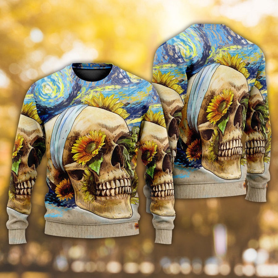 Skull And Sunflower Vintage Amazing Starry Night - Sweater - Ugly Christmas Sweaters