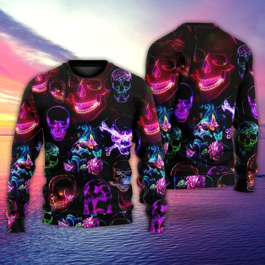 Skull Neon Art Happy Holiday - Sweater - Ugly Christmas Sweaters