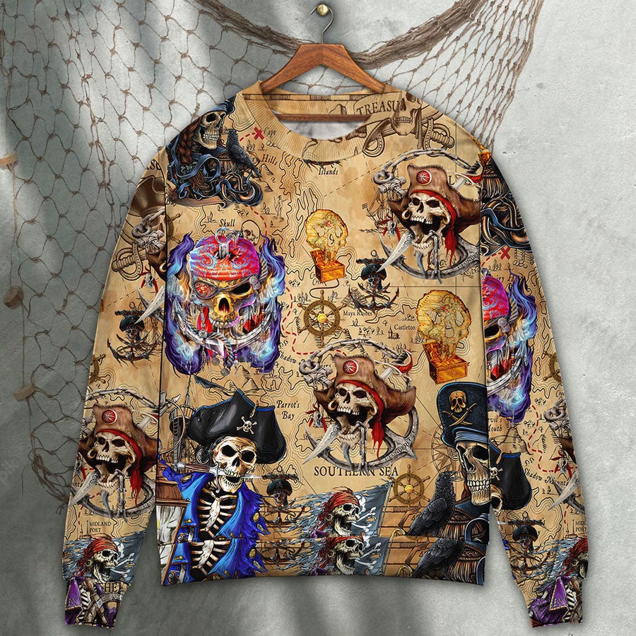 Skull Pirate Hunting Treasure Map - Sweater - Ugly Christmas Sweaters