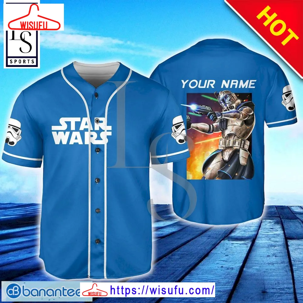 Starwar Blue White Horizontal Text Custom Name Baseball Jersey, New Fashion Gifts