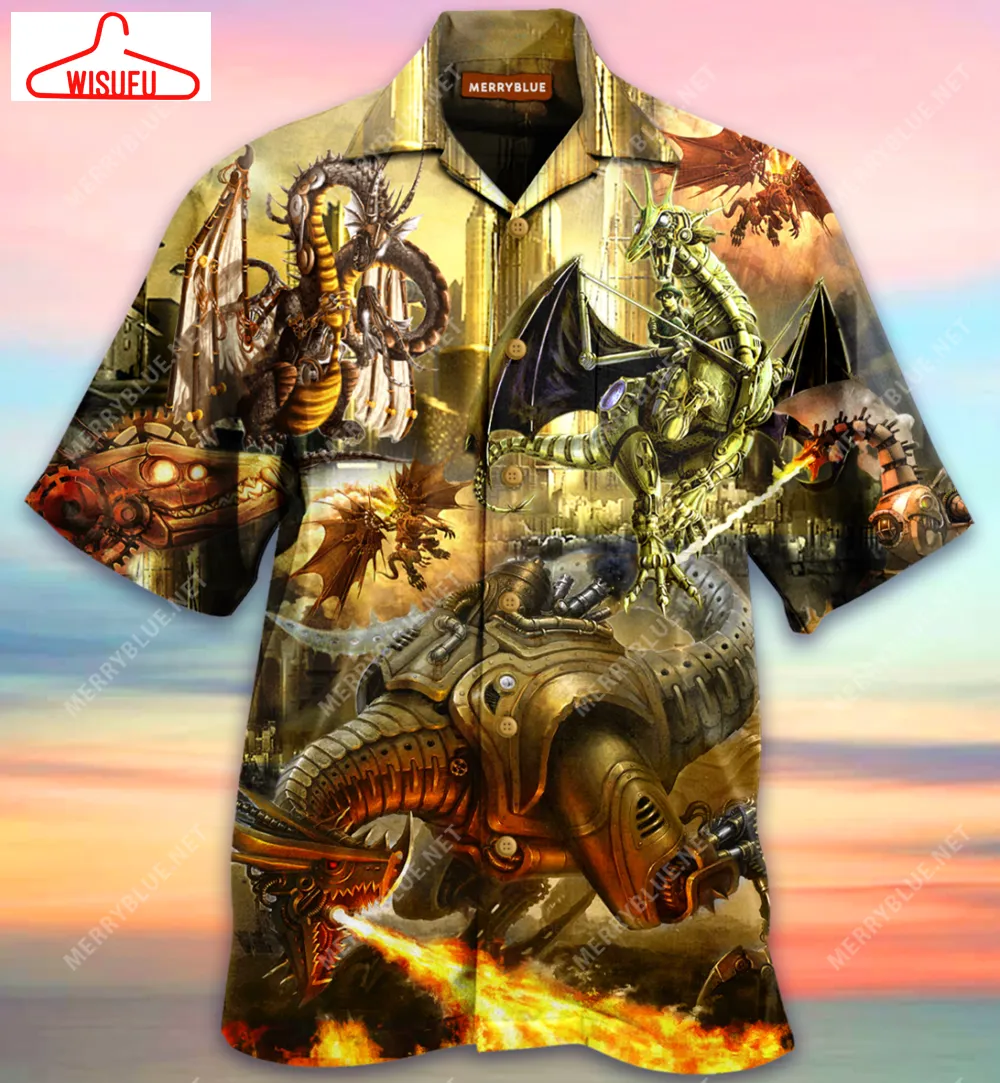 Steampunk Dragon In Dragon City Unisex Hawaiian Shirt, New Hawaiian Holiday Outfits, New Fashion Gifts