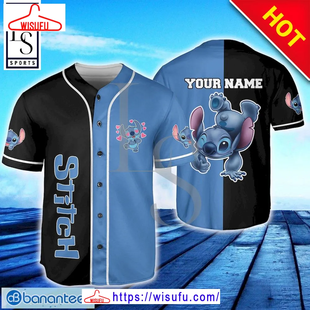 Stitch Black Blue Custom Name Baseball Jersey, New Fashion Gifts