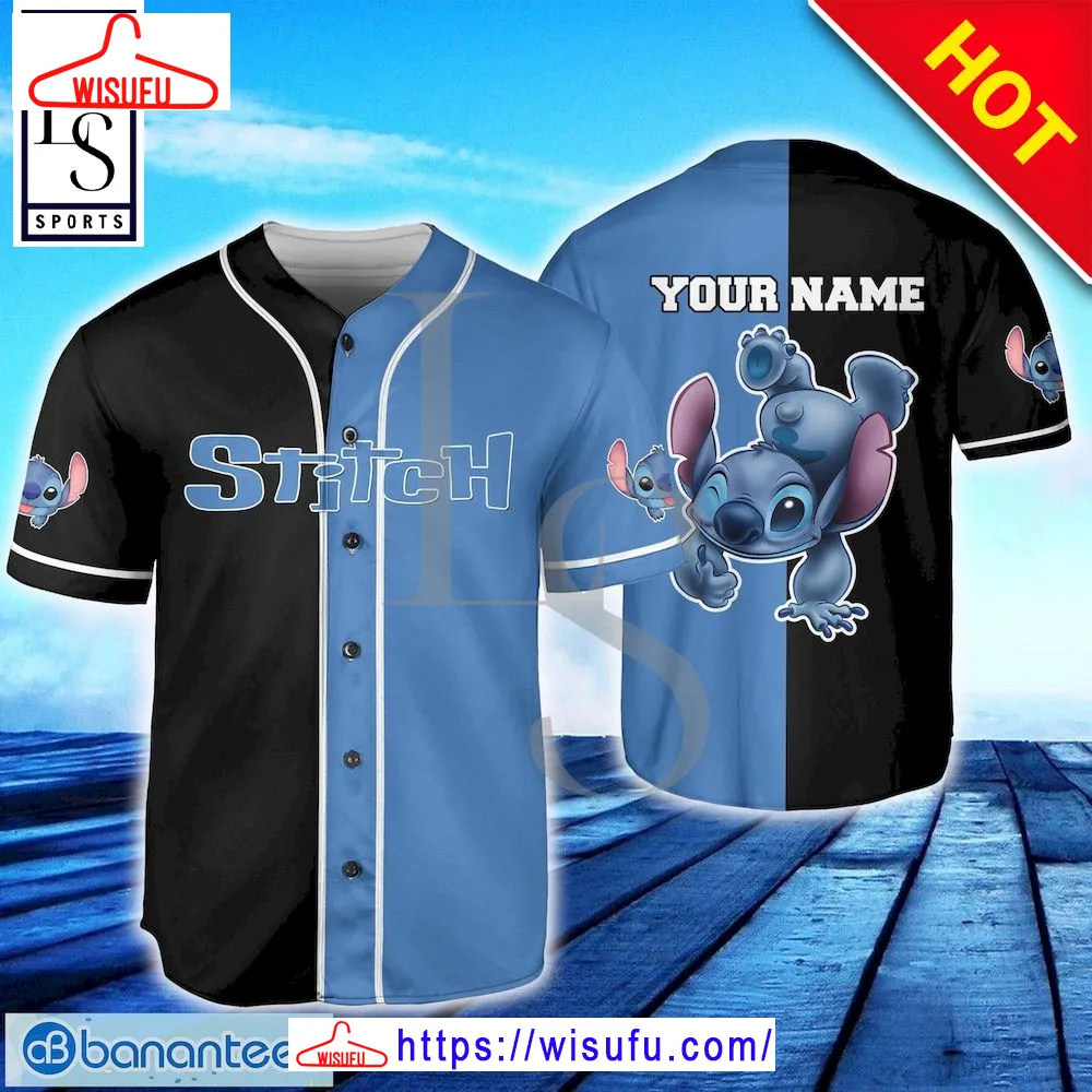 Stitch Black Blue Horizontal Text Custom Name Baseball Jersey, New Fashion Gifts