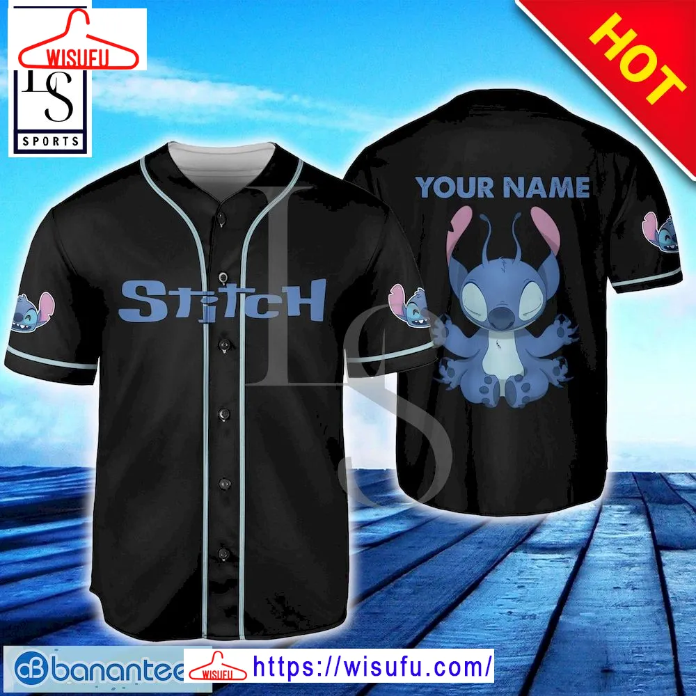 Stitch Black Horizontal Text Custom Name Baseball Jersey, New Fashion Gifts