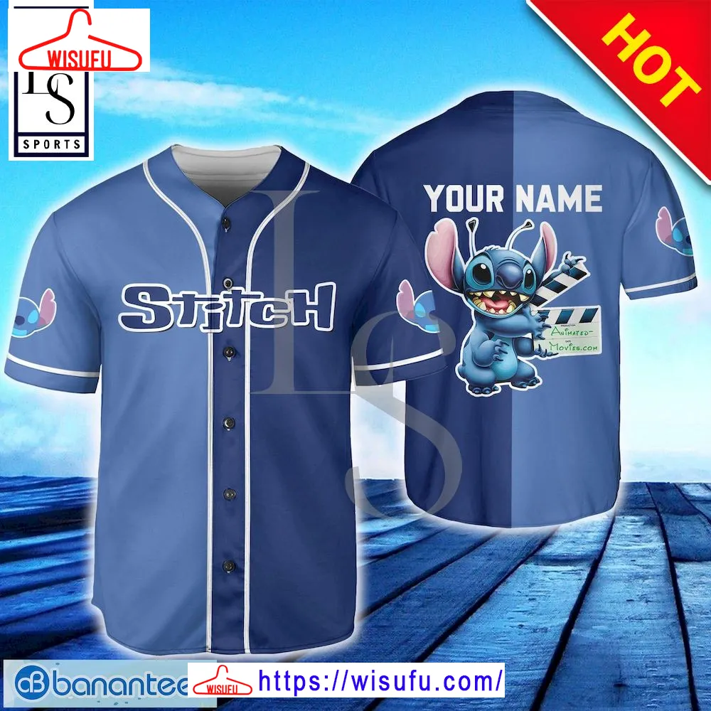 Stitch Blue Dark Horizontal Text Custom Name Baseball Jersey, New Fashion Gifts