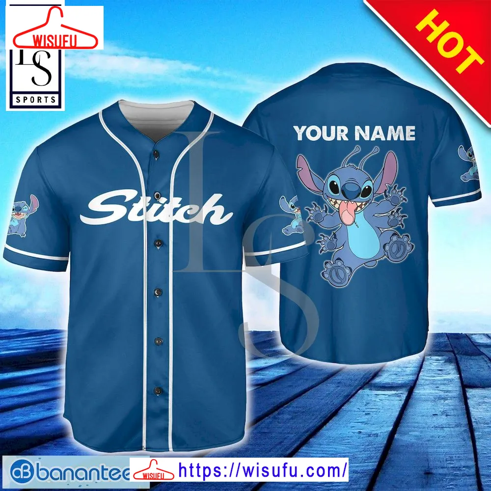 Stitch Blue Horizontal Text Custom Name Baseball Jersey, New Fashion Gifts Wisufu97304