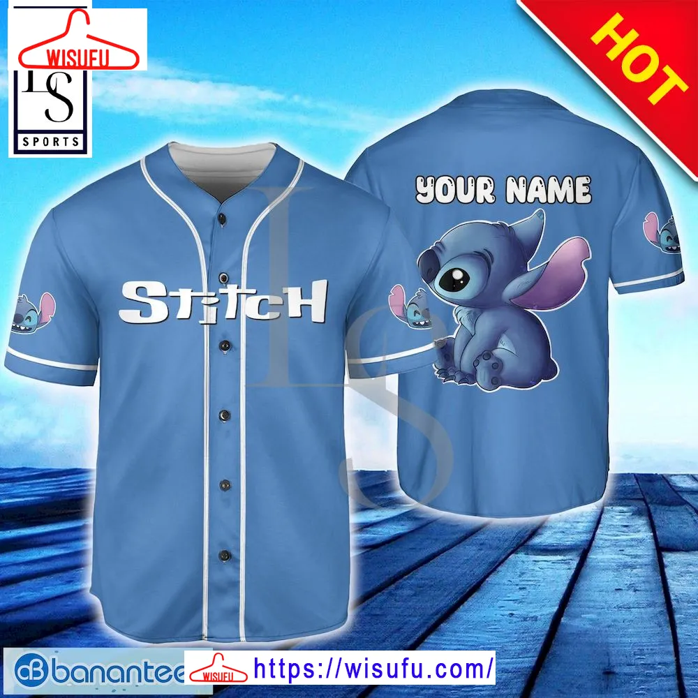 Stitch Blue Horizontal Text Custom Name Baseball Jersey, New Fashion Gifts