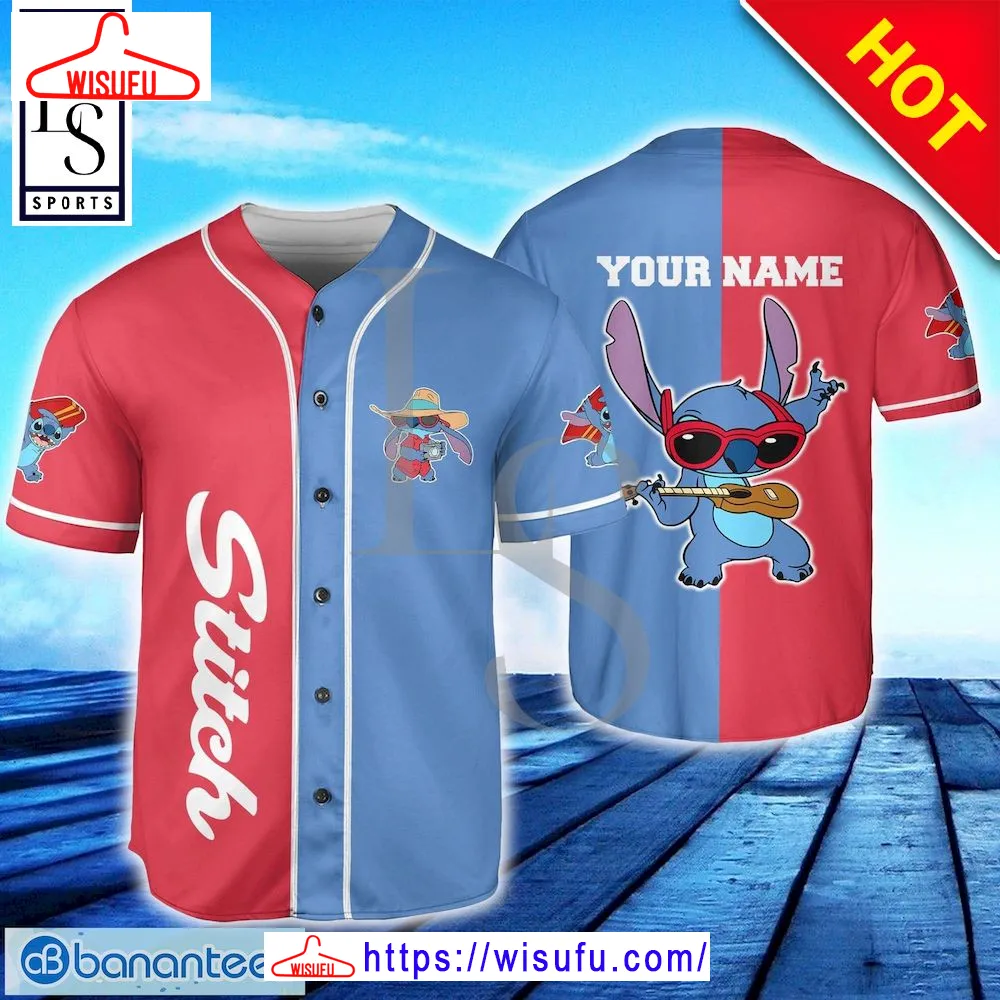 Stitch Blue Red Custom Name Baseball Jersey, New Fashion Gifts