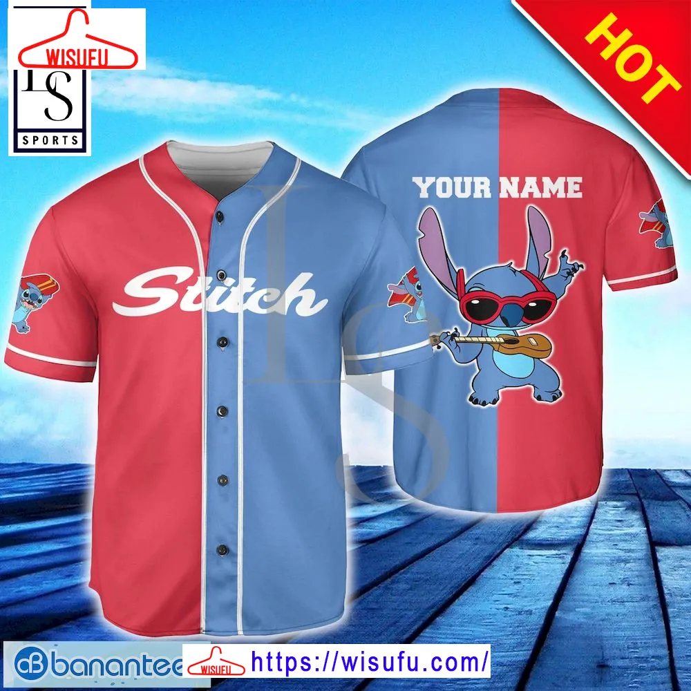 Stitch Blue Red Horizontal Text Custom Name Baseball Jersey, New Fashion Gifts