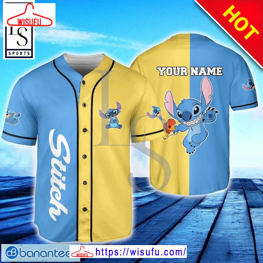 Stitch Blue Yellow Custom Name Baseball Jersey, New Fashion Gifts