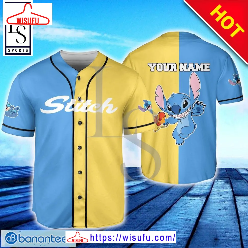 Stitch Blue Yellow Horizontal Text Custom Name Baseball Jersey, New Fashion Gifts