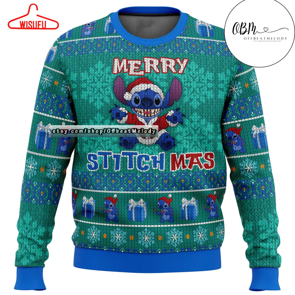 Stitch Merry Stitchmas Ugly Christmas Sweater, Stitch Fan Ugly Sweater Over Print, 2024 Stitch Disney Movie Christmas Ugly Sweater