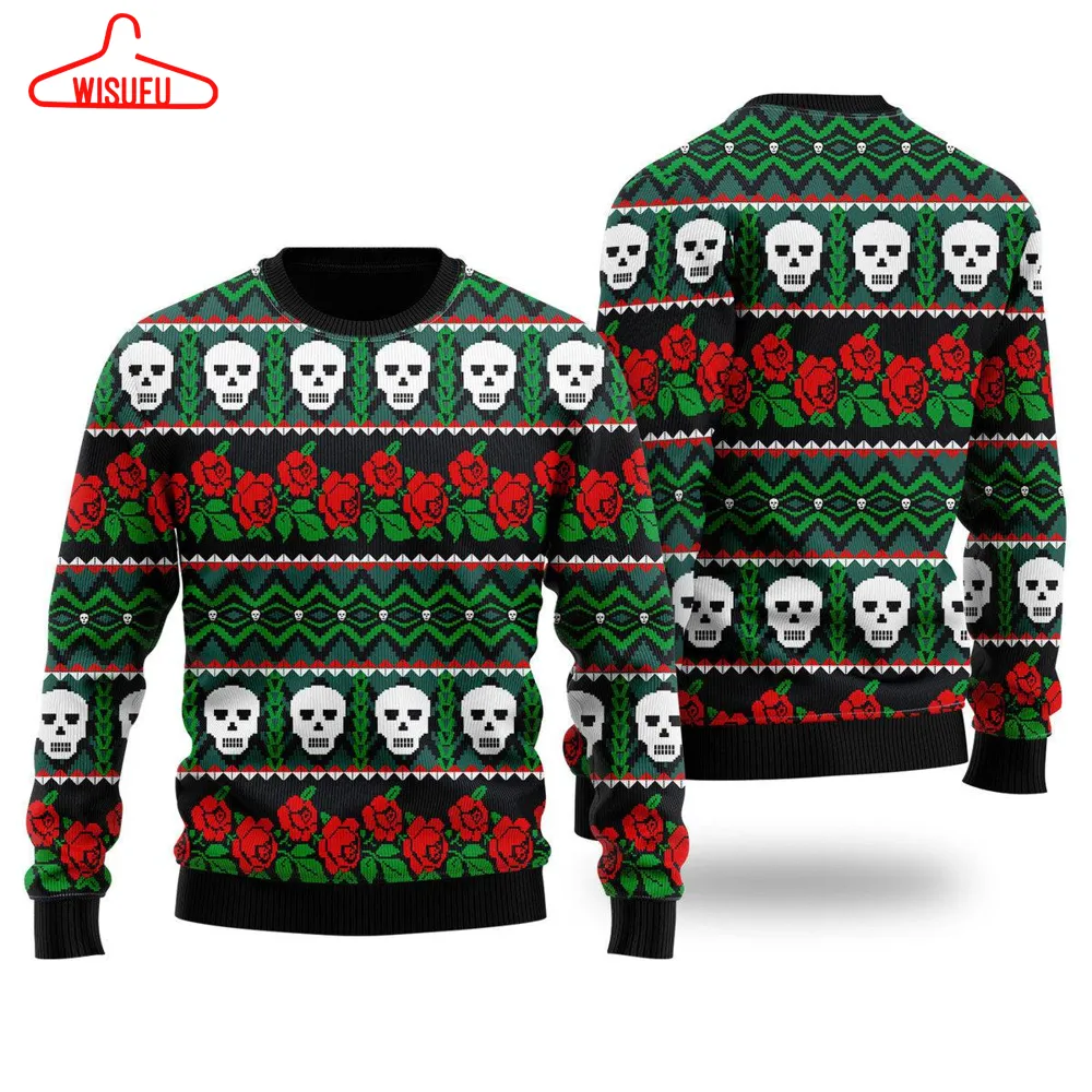 Stitch Style Mexican Skull Roses Pattern Ugly Christmas Sweater - For Men & Women - New Winter Fashion Shirt Gift For Family