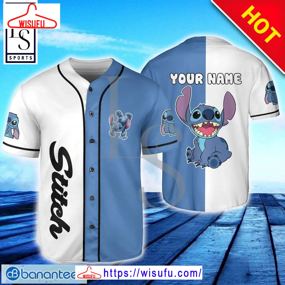 Stitch White Blue Custom Name Baseball Jersey, New Fashion Gifts