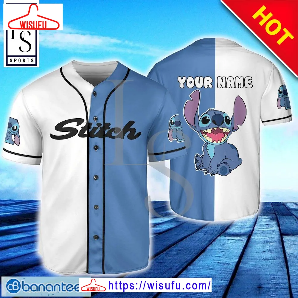 Stitch White Blue Horizontal Text Custom Name Baseball Jersey, New Fashion Gifts