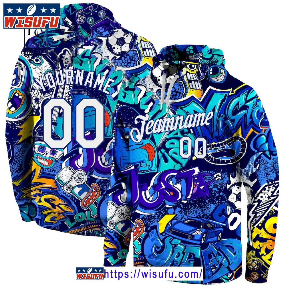 Stitched Graffiti Pattern White Royal 3d Personalized Hoodie