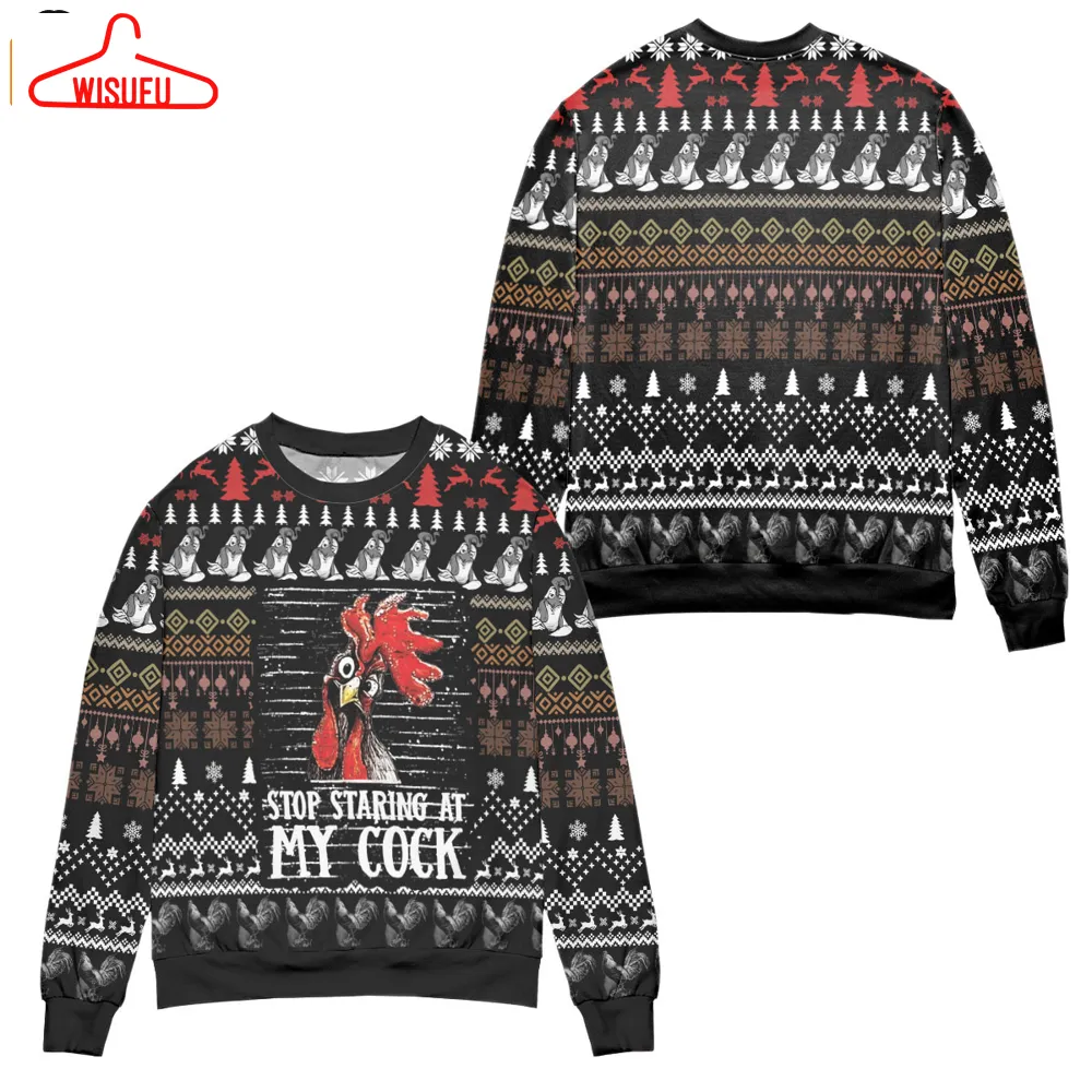 Stop Staring At My Cock Pine Tree Pattern Black Ugly Christmas Sweater