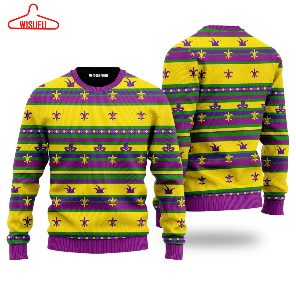 Striped Mardi Gras Pattern Ugly Christmas Sweater - For Men & Women - New Winter Fashion Shirt Gift For Family