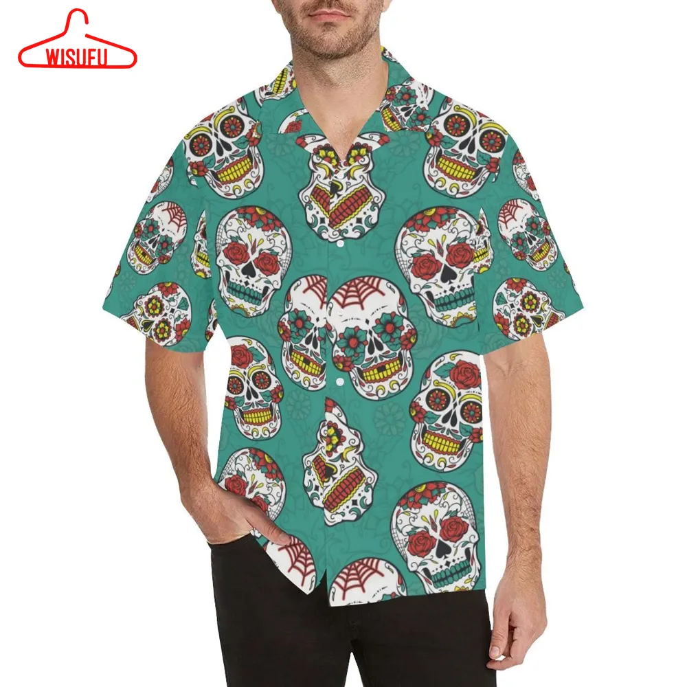 Suger Skull Pattern Green Background MenÂs All Over Print Hawaiian Shirt, New Hawaiian Holiday Outfits, New Fashion Gifts