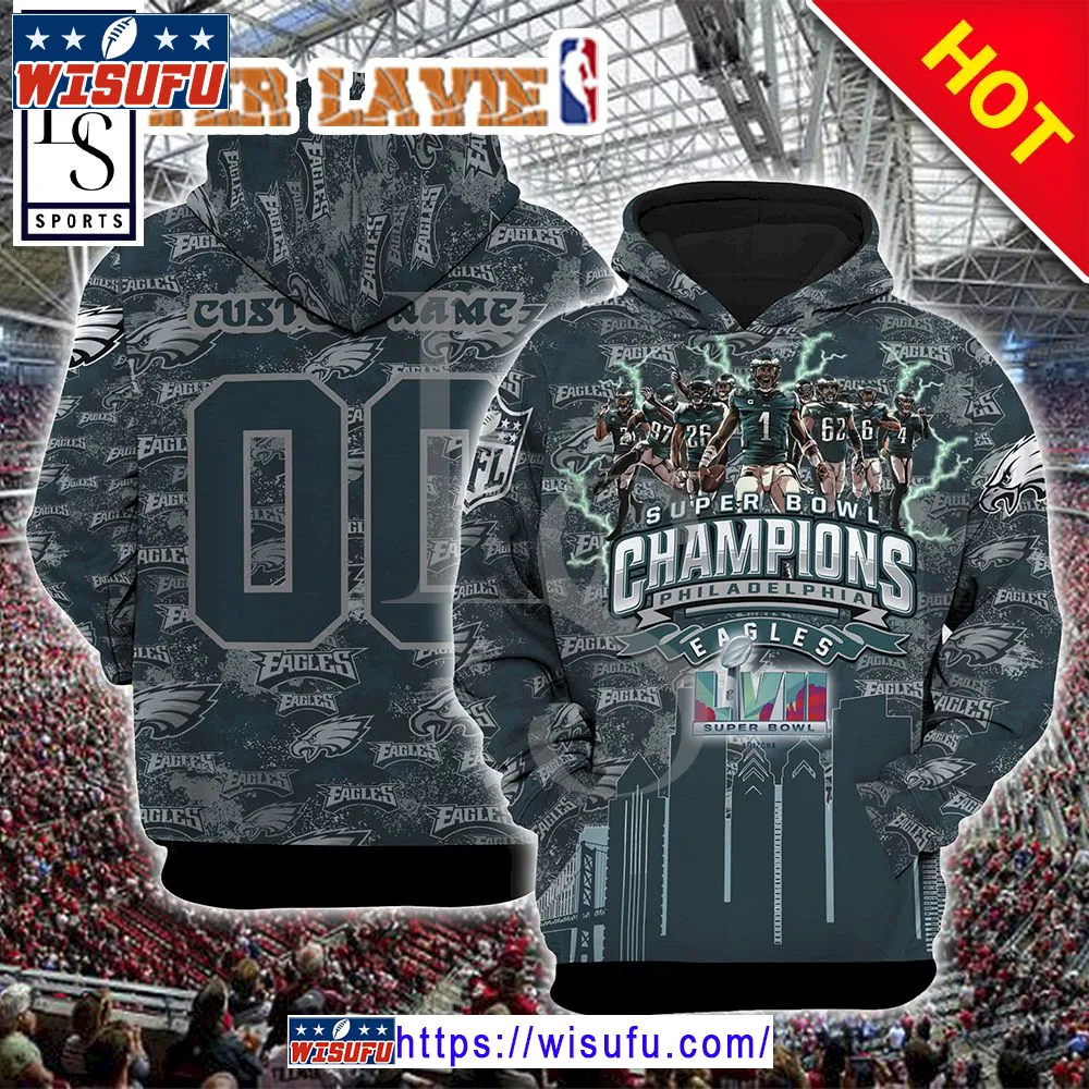 Super Bowl Lvii Champions Philadelphia Eagels Custom Name Hoodie 3d