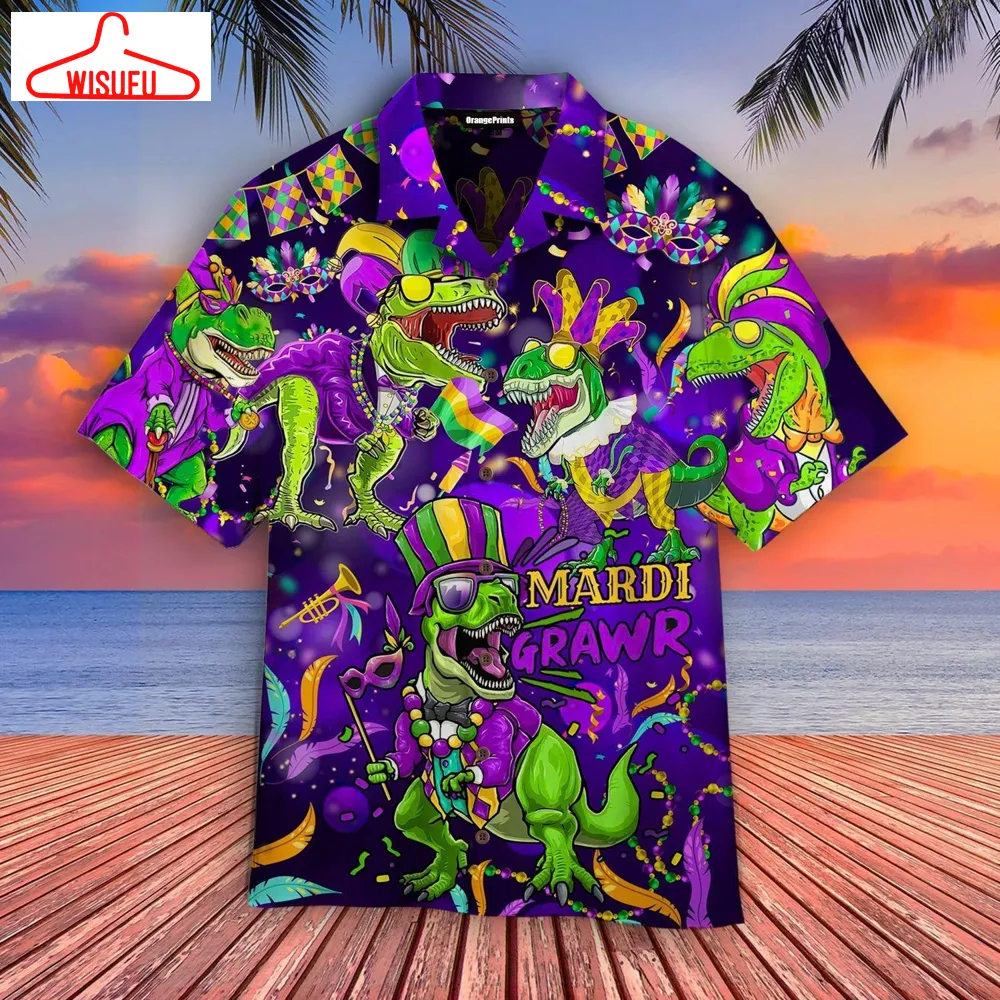 T Rex Dinosaur Mardi Gras Hawaiian Shirt