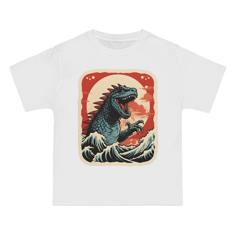 T-shirt Godzilla Waves style retro vintage estampe Ukyo-e Hokusai Kanagawa Monster Kaiju Short-Sleeve T-Shirt