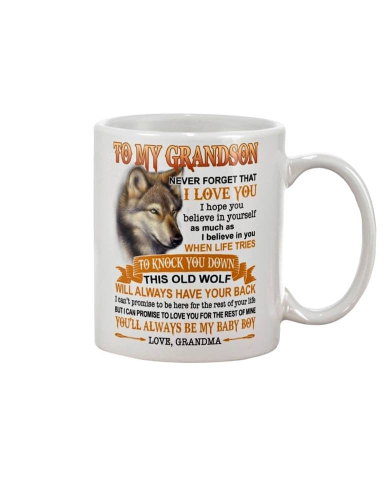 TO MY GRANDSON WOLF WHITE MUG, NEVER FORGET THAT I LOVE YOU CERAMIC COFFEE MUG