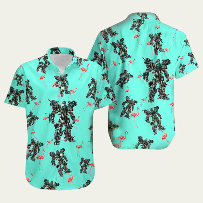 TRANSFORMERS GREEN AND BLACK ROBOT FLAMINGO LIGHT HAWAIIAN SHIRT